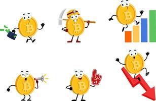 Bitcoin Crypto Cartoon Character. Flat Design Collection Set vector