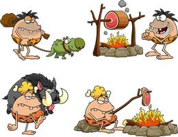 Caveman Cartoon Characters. Hand Drawn Collection Set vector