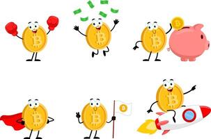 Bitcoin Crypto Cartoon Character. Flat Design Collection Set vector