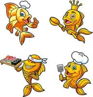 Fish Or Goldfish Cartoon Characters. Hand Drawn Collection Set vector