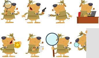 Funny Detective Dog Cartoon Character. Flat Design Collection Set vector