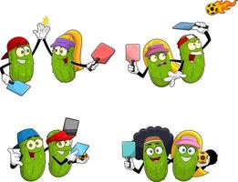 Pickle Characters Playing Pickleball. Hand Drawn Collection Set vector