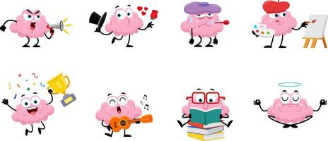 Funny Brain Cartoon Character. Flat Design Collection Set vector