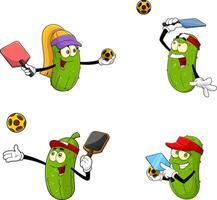 Pickle Cartoon Characters Playing Pickleball. Collection Set vector