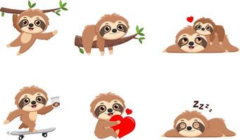 Cute Sloth Cartoon Characters. Flat Design Collection Set vector