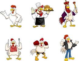 Chicken And Rooster Cartoon Mascot Characters. Hand Drawn Collection Set vector