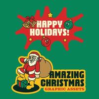 A green background with two sticker design happy holidays and santa clause vector