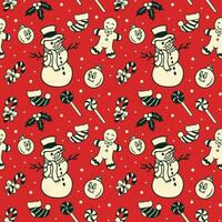 A christmas pattern with snowmen, candy canes and other items vector