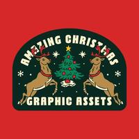 Badge Design With Two Jumping Red Nose Deer With Christmas Tree Full Decoration In The Middle vector