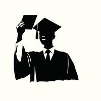 A silhouette of a man in a graduation gown holding up a diploma vector