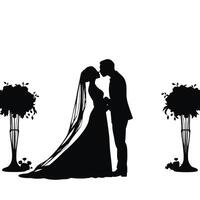 Silhouette of a bride and groom kissing in front of a vase vector