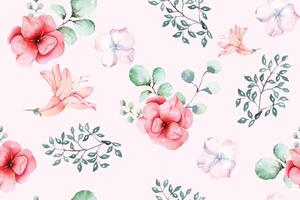 Seamless pattern of blooming flowers painted in watercolor on white background.For fabric luxurious and wallpaper, vintage style.Hand drawn botanical floral colorful pattern. vector