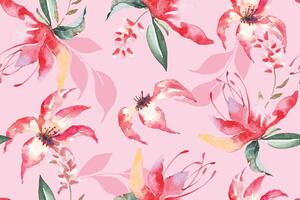 Seamless pattern of red flowers painted in watercolor on pink background.For fabric luxurious and wallpaper, vintage style.Hand drawn botanical floral colorful pattern. vector