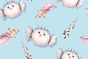 Seamless pattern of puffer fish and shells. Sea animal on pastel background.For designing fabric patterns, wallpapers, cute backgrounds with sea creatures patterns.Hand painted with watercolor vector