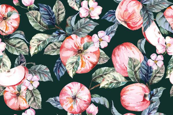 Seamless pattern apple and flower painted watercolor.Designed for fabric luxurious and wallpaper, vintage style.Hand drawn floral pattern illustration.Fruit pattern background.