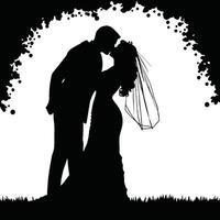 A silhouette of a bride and groom kissing in the grass vector