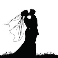 Silhouette of a bride and groom kissing in the grass vector