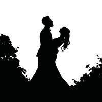 A silhouette of a bride and groom standing in front of a tree vector