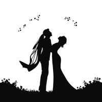 Silhouette of a bride and groom kissing in the grass vector