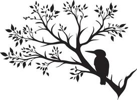 A black and white silhouette of a bird sitting on a tree branch vector