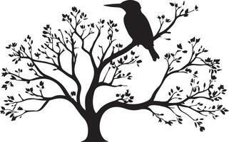 A black and white silhouette of a bird sitting on a tree vector