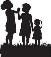Silhouette of children playing in the grass vector