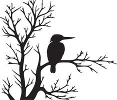 A black and white silhouette of a bird sitting on a tree branch vector