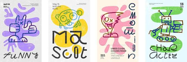 Abstract bold poster set. Funny linear characters and creative contemporary lettering on vibrant organic naive shapes. Retro minimalist typography on modern color schemes. Event graphic posters. Eps vector