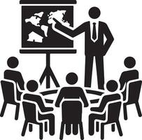 Silhouette of figures with maps meeting. vector