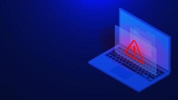 Document folder with warning of virus malware and cybercrime. Hacking online fraud on isometric laptop vector