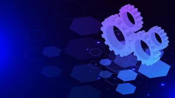 Gear and cogs wheel isometric on hexagons and glowing particles background. Mechanism, idea and digital technology concept vector
