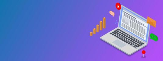 Digital marketing agency, digital media campaign with laptop, web, mail, graph and location pointer isometric on gradient backdrop vector