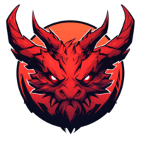 Red dragon head with sharp horns and fangs against a red sun background. png