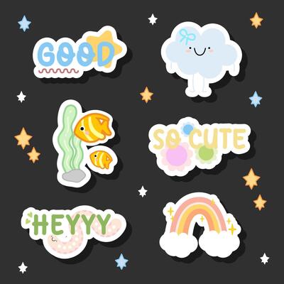 a pack of aesthetic cloud, rainbow and 2024 slang word sticker design