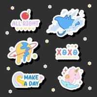 a collection of cool stingray and planet with word sticker design vector