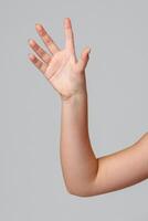 Raised hand against a neutral background in a softly lit setting photo