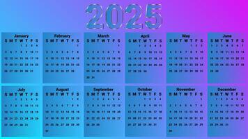 A clean and modern 2025 calendar with a blue background for each month, featuring the year 2025 prominently displayed at the top in bold letters. Each month is presented in sleek black text vector