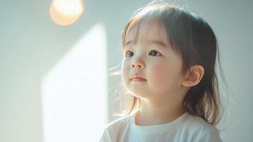 asian little kid face and bright eyes listening and interesting photo