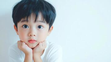 Smiling little kid face and bright eyes listening advice photo