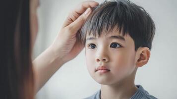 Smiling little kid face and bright eyes listening advice photo
