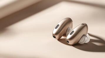 hearing aid electronic device wear in ear on background photo