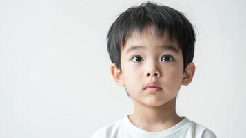 asian little kid face and bright eyes listening and interesting photo