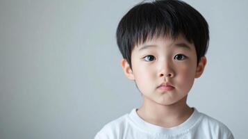 asian little kid face and bright eyes listening and interesting photo