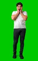 A man with a surprised expression holds his face while against a vibrant green background photo
