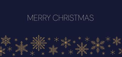 Christmas minimalist flat banner. Golden snowflakes and thin line text on dark blue background. New Year design. vector