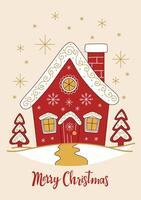 Stylish Christmas card with a gingerbread house with windows, decorated with icing and snowflakes. House on snowy meadow with gingerbread trees. New Year card in minimalist style. Red and gold color. vector