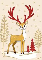 Stylish Christmas card with an elegant Christmas deer on a forest snowy glade with fir trees. New Year card in a minimalist style. Red and gold colors and a milky beige background. vector