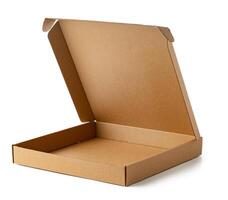 Empty cardboard box on a white surface showing its open position photo
