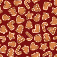 Festive Christmas seamless pattern of gingerbread cookies on red background vector