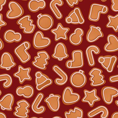 Festive Christmas seamless pattern of gingerbread cookies on red background